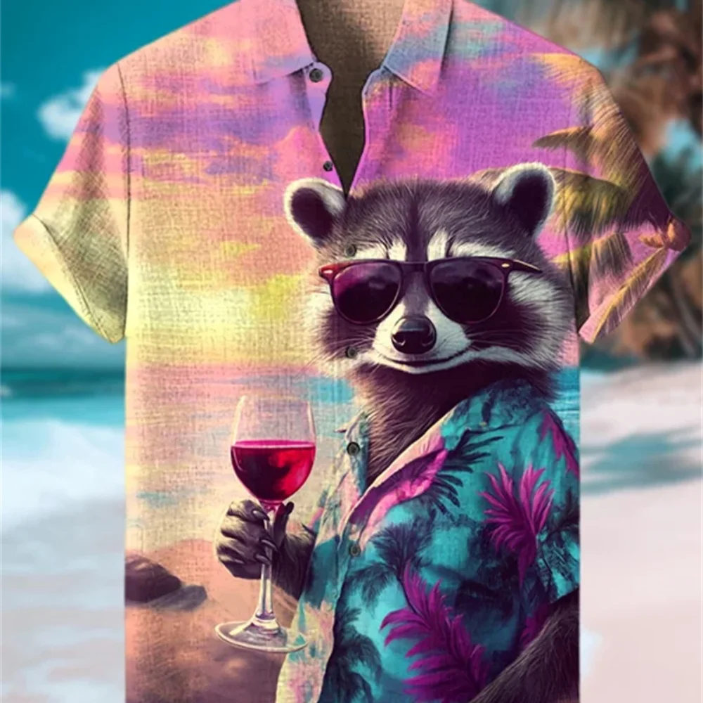 

Men's Hawaiian Style Short Sleeve Shirt Linen Lapel Button plus Size Raccoon 3D Print Outdoor Leisure Vacation Clothing XS-5XL