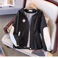 ITOOLIN Casual Loose Jacket Women New Style Color Block Sunscreen Coat Zipper Drawstring Hooded Cardigan Long Sleeve Coat