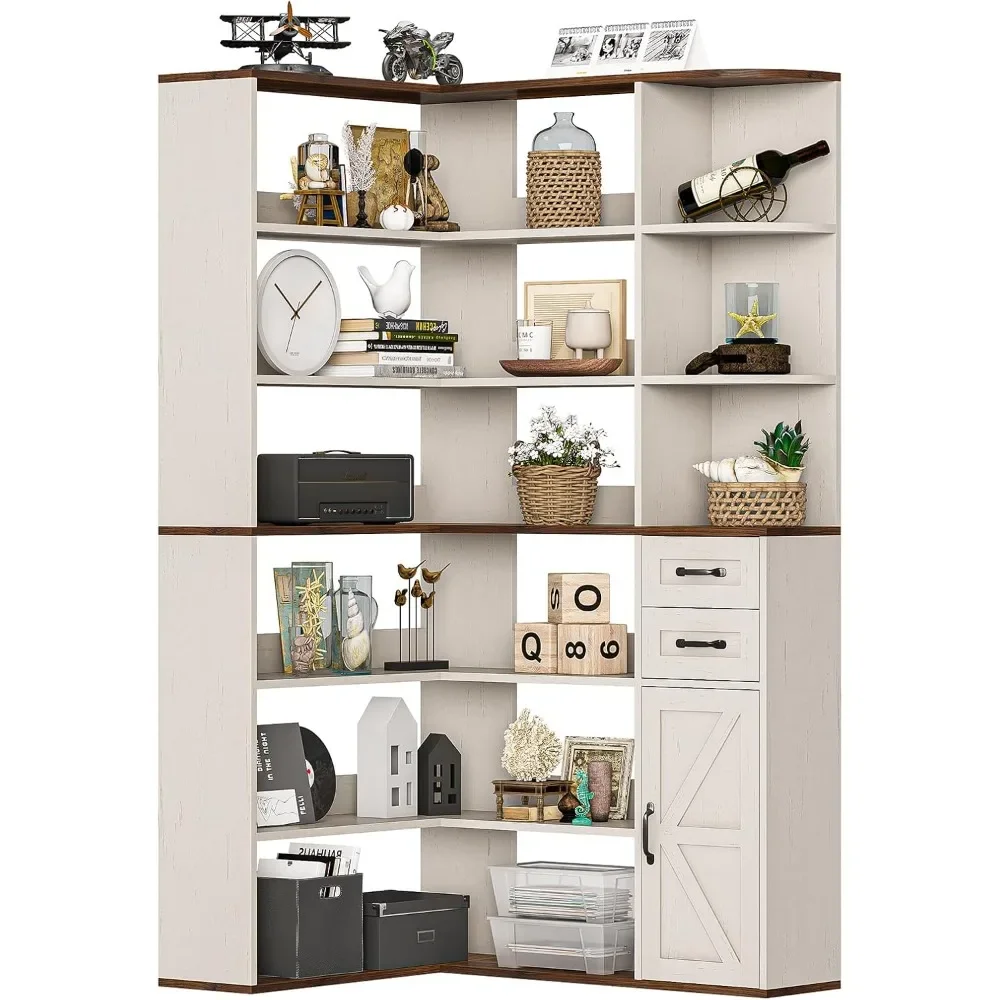 7-Shelf Farmhouse Corner Bookshelf with Lockers & Drawers, 71