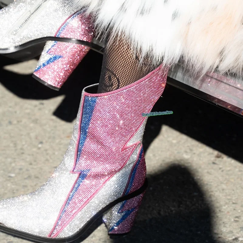 

Rhinestones Lightning Slip-on Ankle Boots Pointed Chunky High Heels Full Diamond Ankle Boots Silver Autumn And Winter New Model