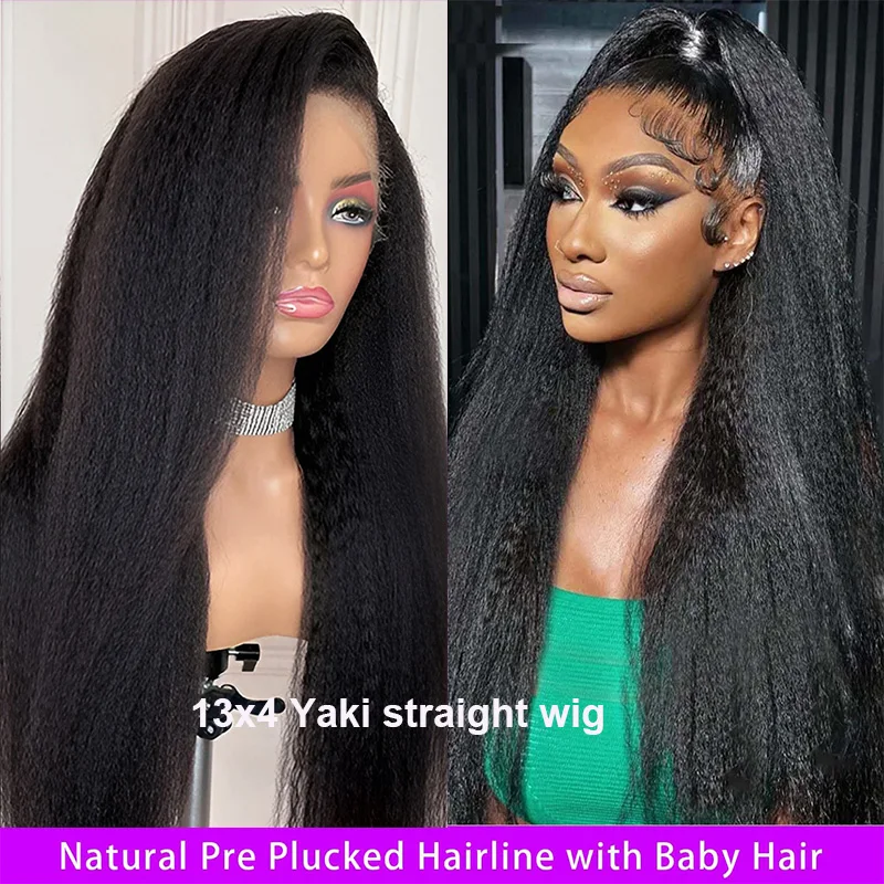 Perruque de cheveux humains Yaki droite avec dentelle transparente 13x4 - Perruque de cheveux Remy noir naturel 1B pour femme, respirante et durable