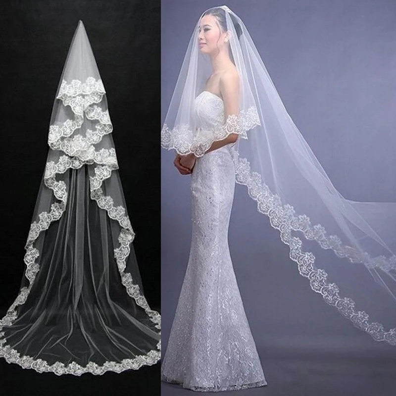 Long Lace Wedding Veil 3 /1.5meters Long White Ivory Cathedral Bridal Veil With Comb Wedding Accessories Bride Headpieces