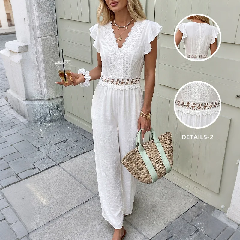 Jumpsuit Women 2026 Spring Summer New Solid Color Lace Hollow Waist V-Neck Sleeveless High Waist Casual Long Jumpsuit