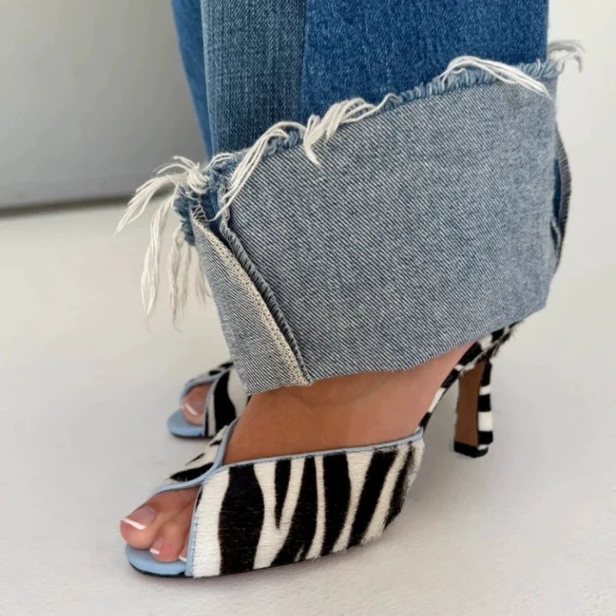 Women Zebra Print Peep Toe Mule Slippers Contrast Color Stiletto Heel Slip On Backless Summer Party Dress Shoes Sandals Size 45