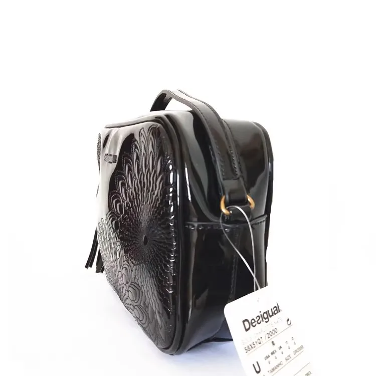 Bolso de hombro de cuero negro brillante de moda clásica informal española, bolso oblicuo span