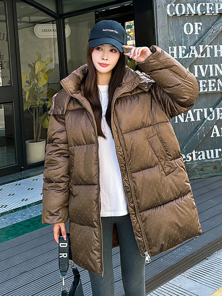 2024 New Korean Snow Wear Winter Women Puffer Jacket Solid Hooded Long Parkas Thicken Warm Clothes Female Cotton Padded Coat