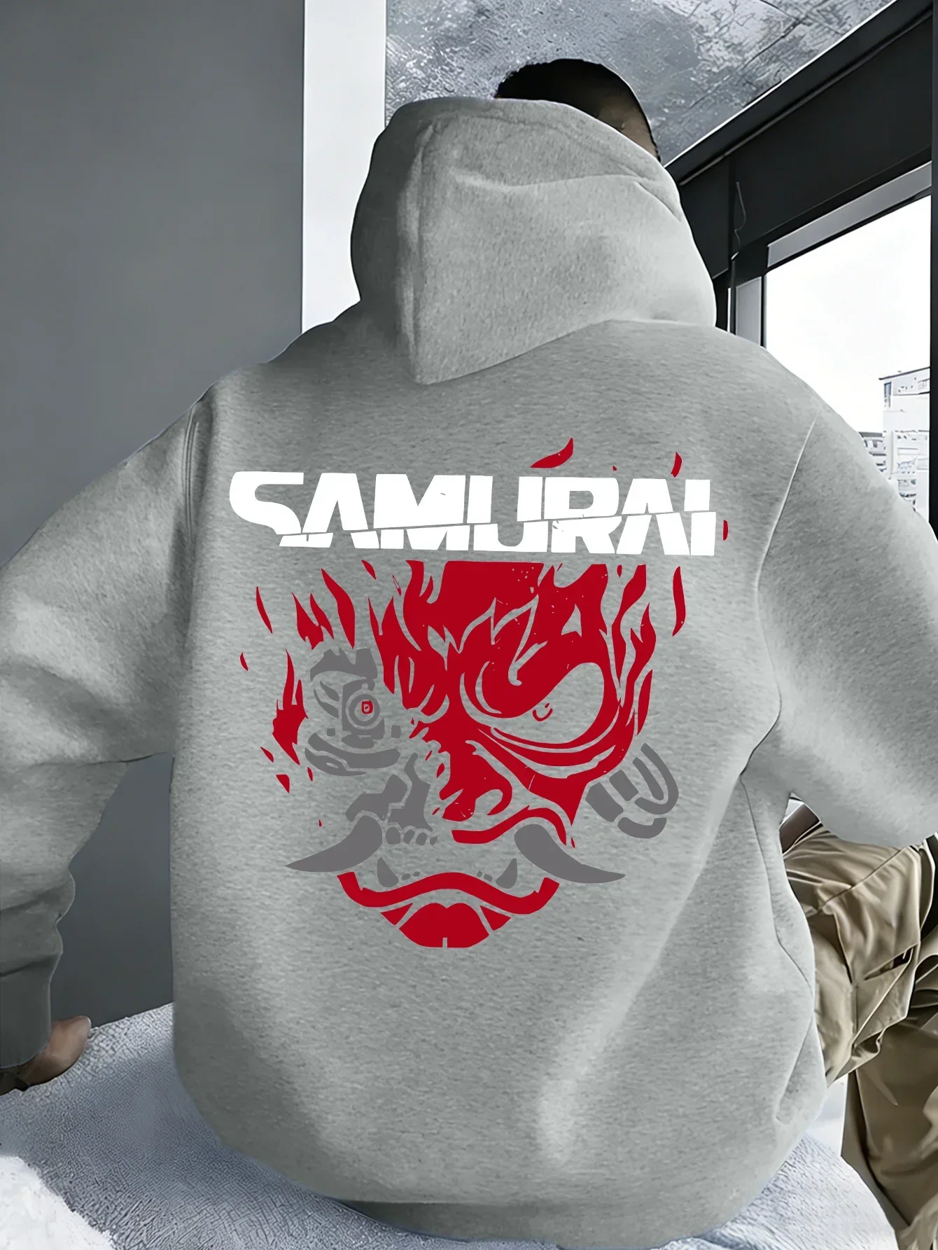 Samurai Oni Mask Front Back Print Hoodie Unisex Cyberpunk Streetwear  Pocket Hooded Pullover Men Women Graphic Sweatshirt