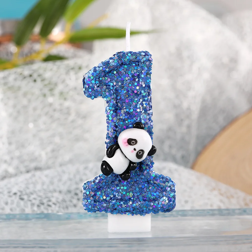 Blue Digital Candle. Cute Cartoon Panda 7.5cm Birthday Candle Festival Party Dessert Cake Cyan Bow, Atmosphere Decoration Plugin