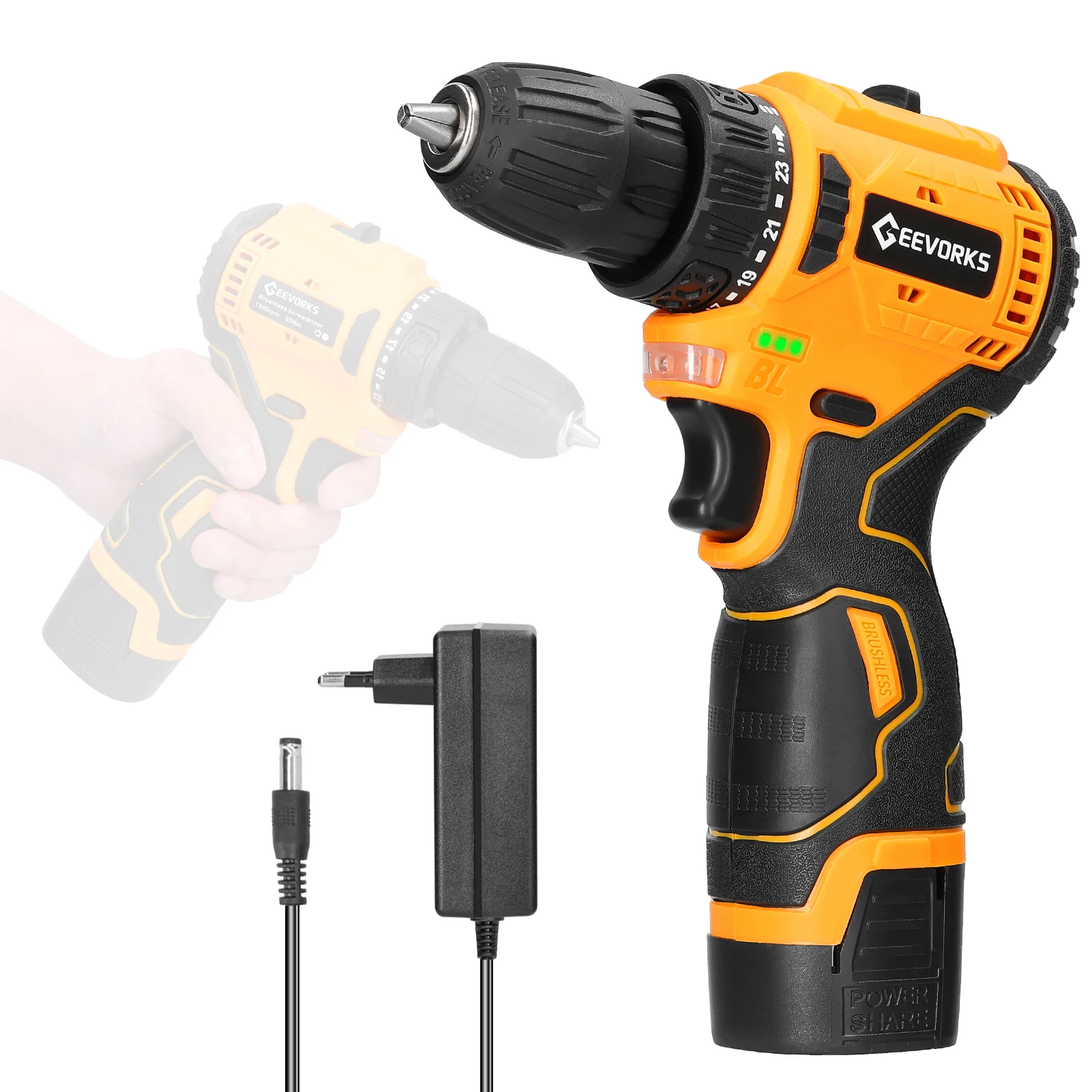 Geevorks 16.8V Cordless Driver Drill Household Brushless Motor Electric Screwdriver Regulation Rotation Ways Adjustment Lithium