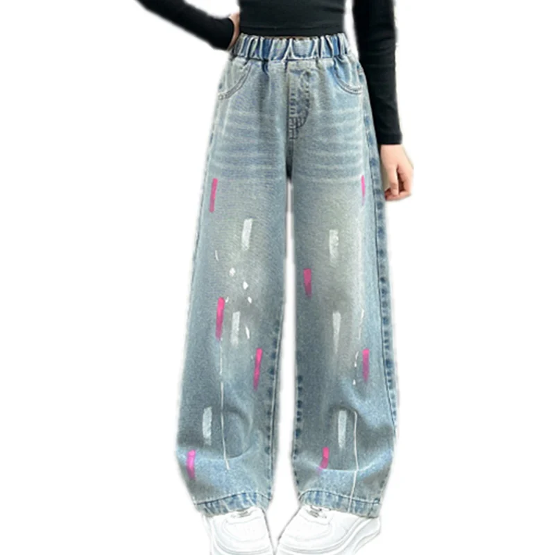 Fashion Spring Child Oil Paint Splatter Jeans For Girls Casual High Street Denim Pants Teenage Kids Cool Straight Jeans Trousers