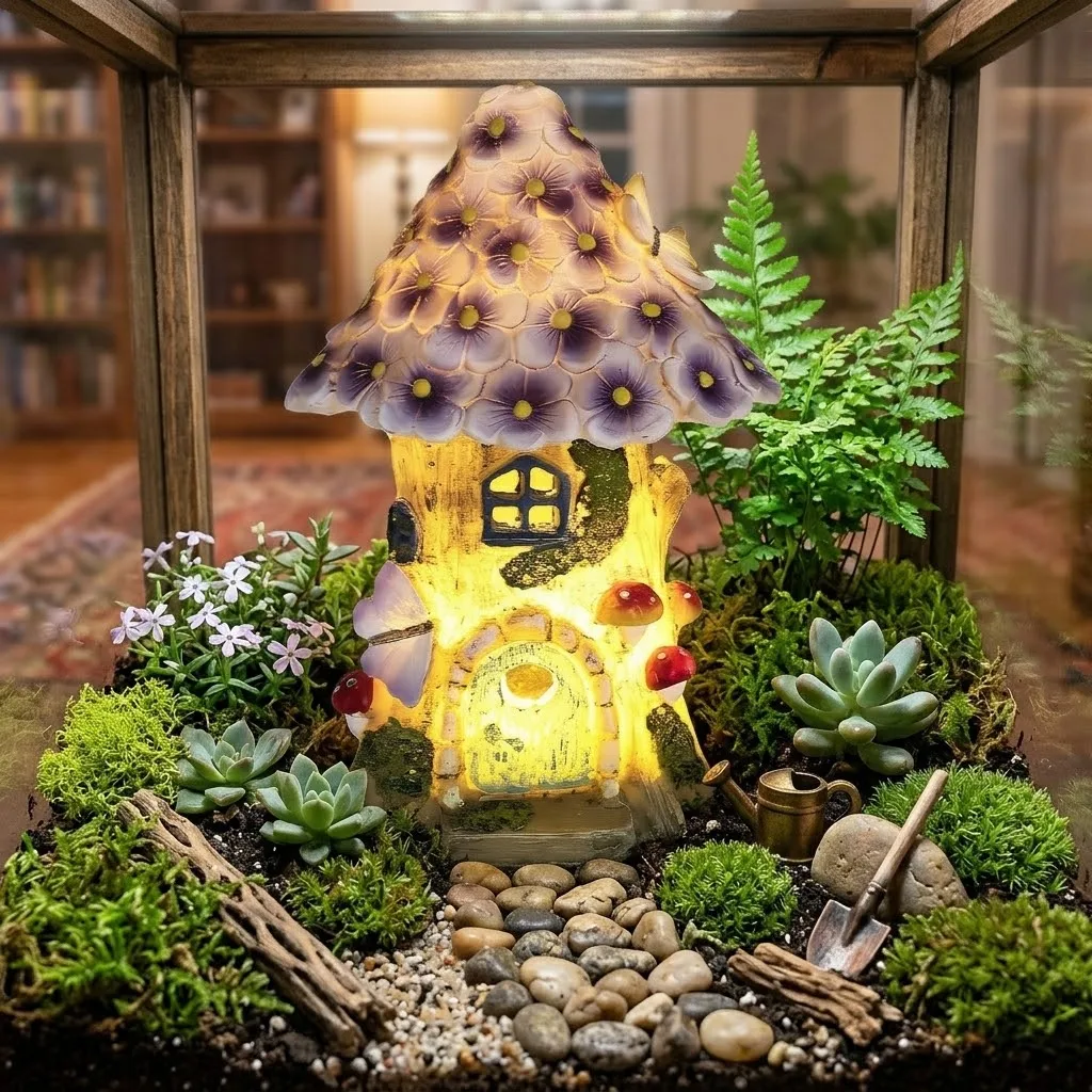 Enchanting Solar Resin House Decor Fairy Tale Elf House Sculpture for Outdoor Garden Decoration Resin Fairy House Ornament