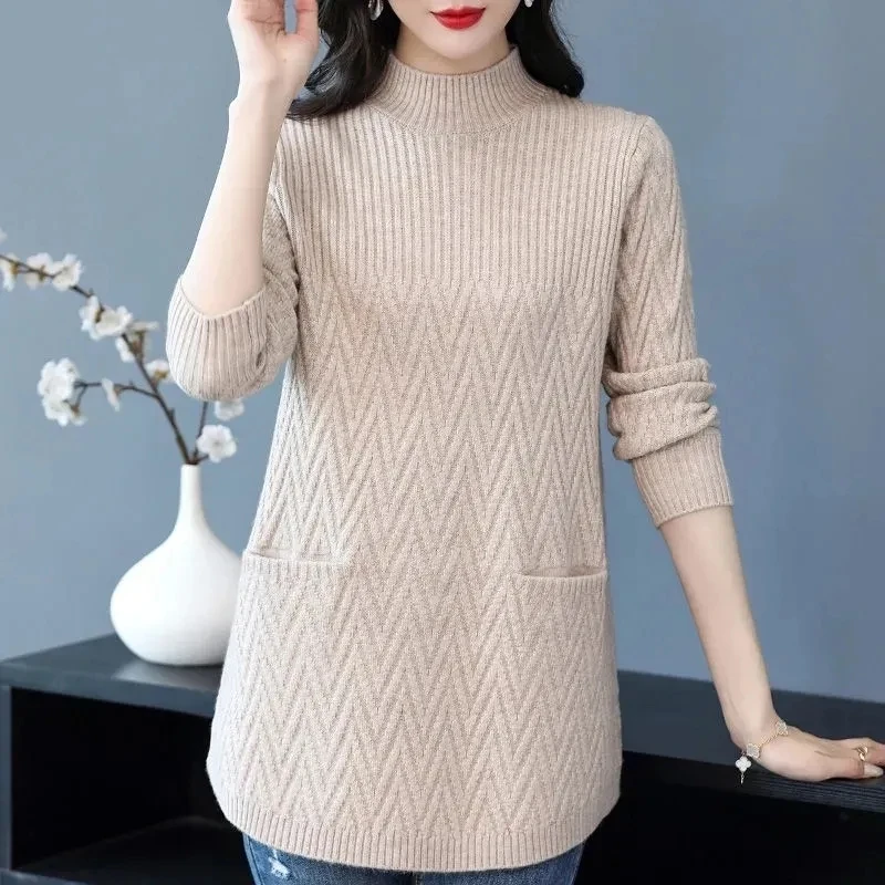 Frauen Pullover Pullover 2025, Neue Feste Halb Hohe Kragen Dicke Warme Lange Gestrickte Pullover Winter Weibliche Tops Bodenbildung Shirt