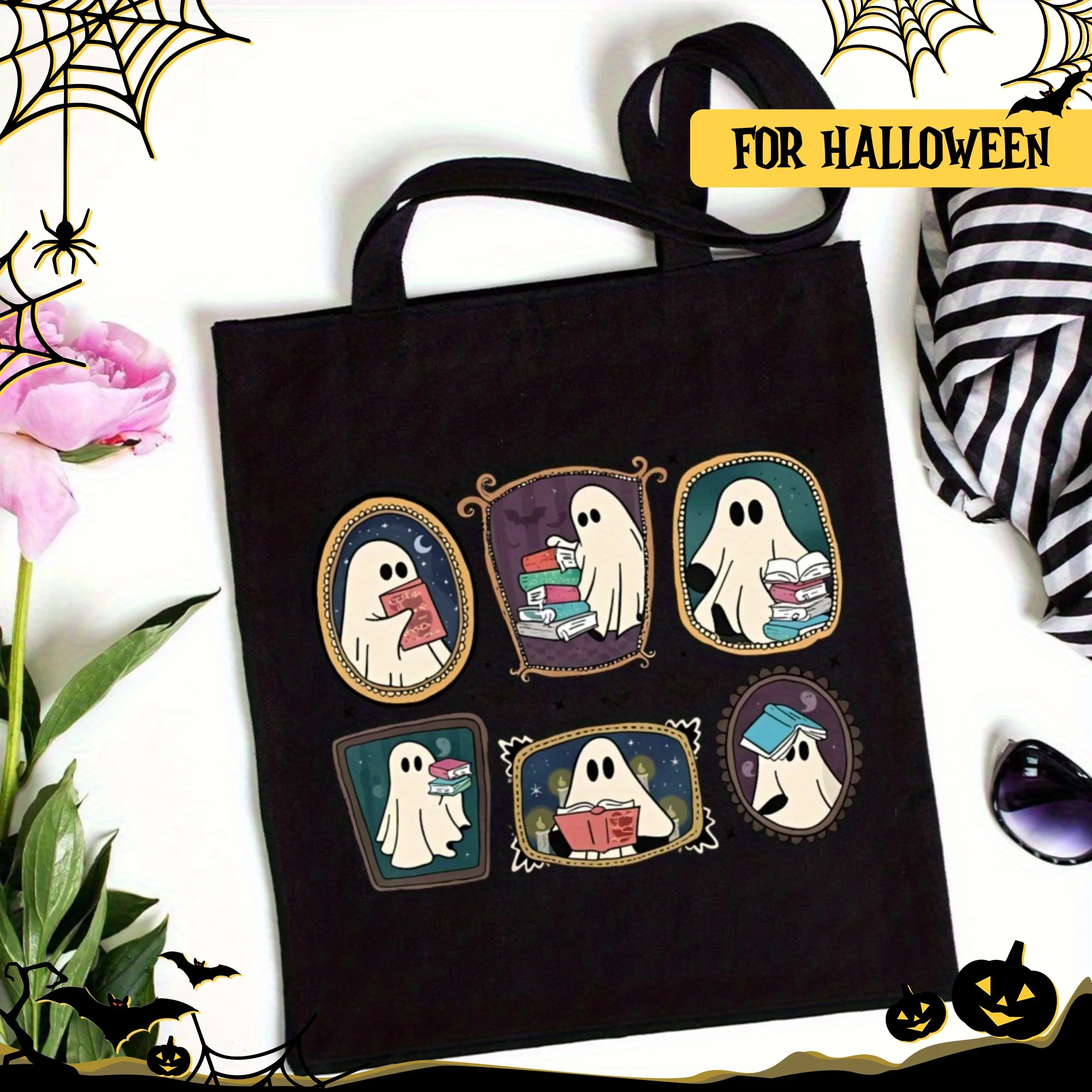 Spooky Halloween Canvas Tote Bag with Books & Candy Design Beige Shoulder Bag Halloween Decorations, and Party Favors Handbags