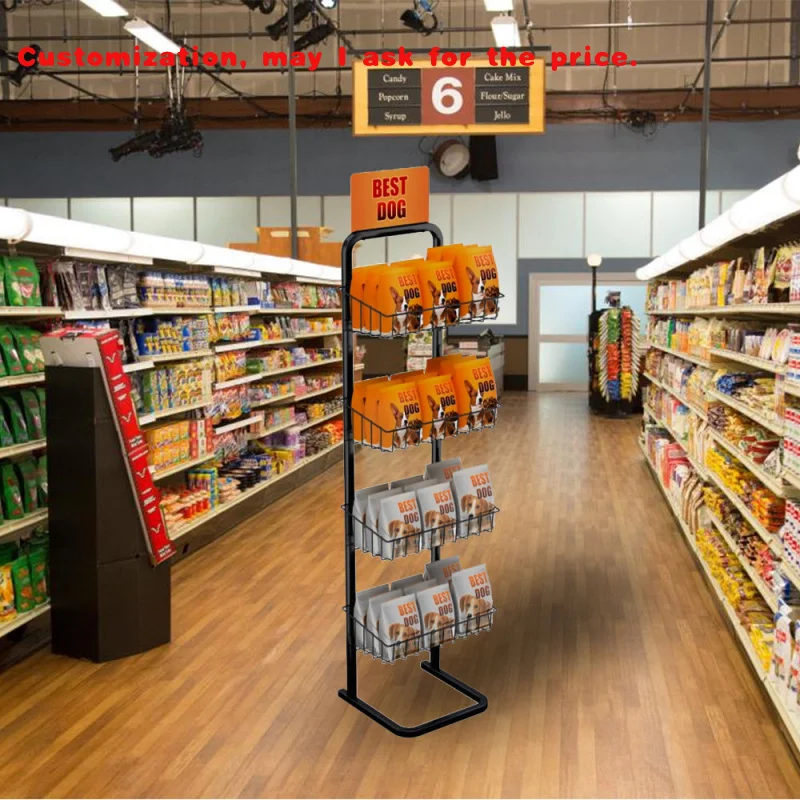 custom.Single Sided Pet Food Display Racks Marvelous Freestanding 4 Metal Wire Basket Dog Treats Premium Display Stand