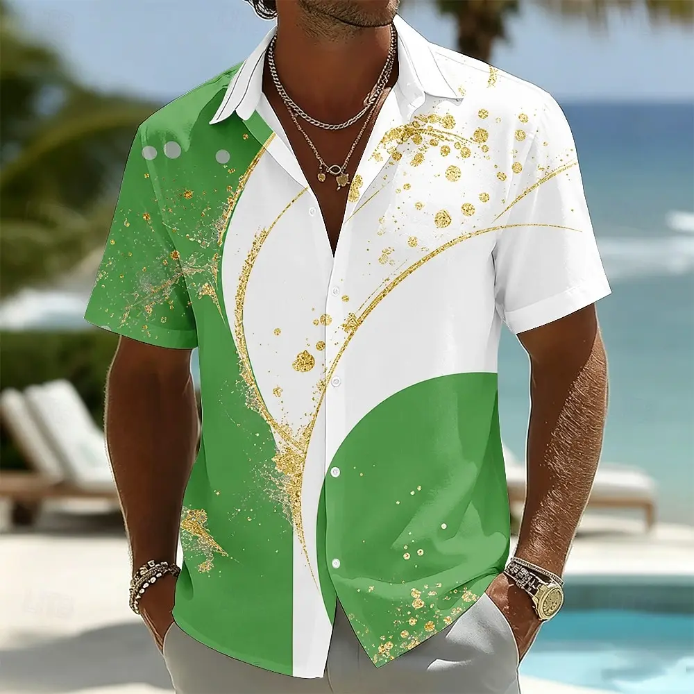Men's Spring Summer 3D Printed Lapel Shirt, Blue White Contrast Gold Glitter Curve Abstract Print Summer Beach Leisure Top