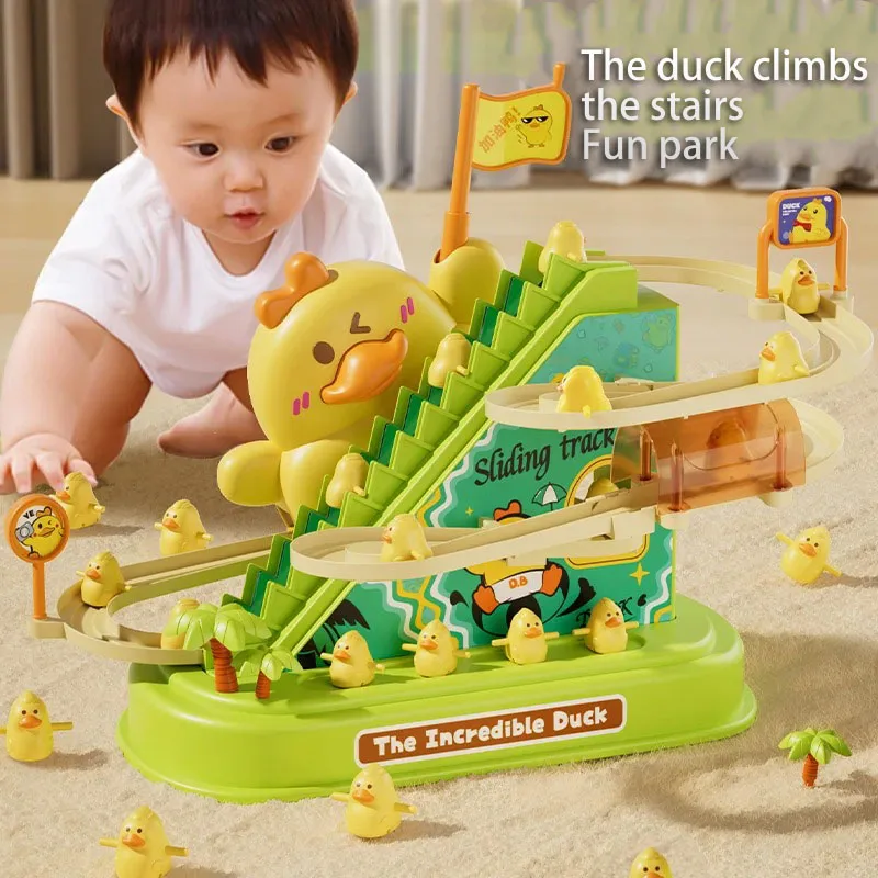 Refueling Duck Climbing Stairs Sound And Light Electric Little Yellow Duck Rotating Slide Track Toy Baby Children\'s Educational