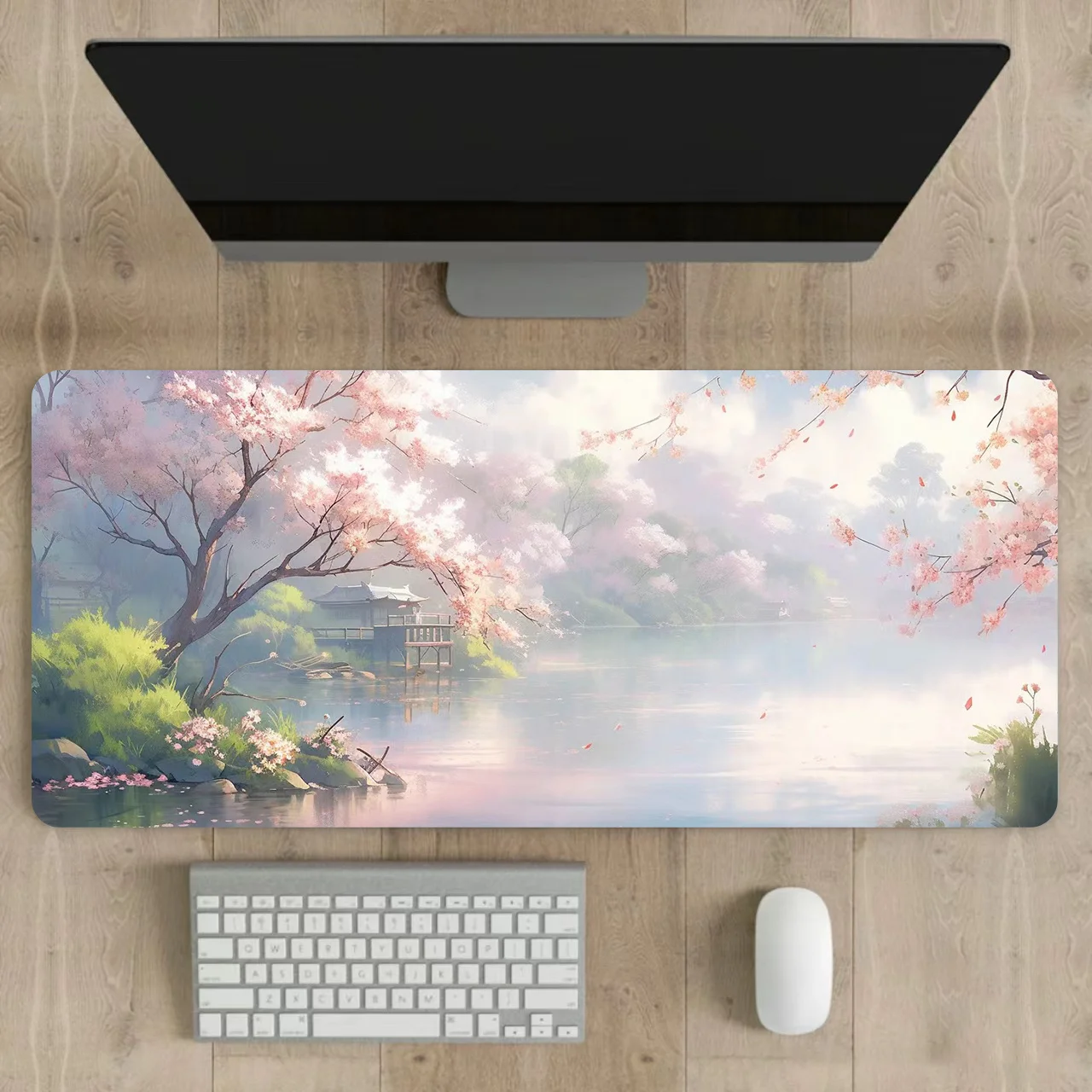 Tappetino per mouse oversize con paesaggi sul lato del lago in stile giapponese, tappetino per tastiera per computer XXL, tappetino da scrivania in gomma antiscivolo, adatto per l'uso in ufficio