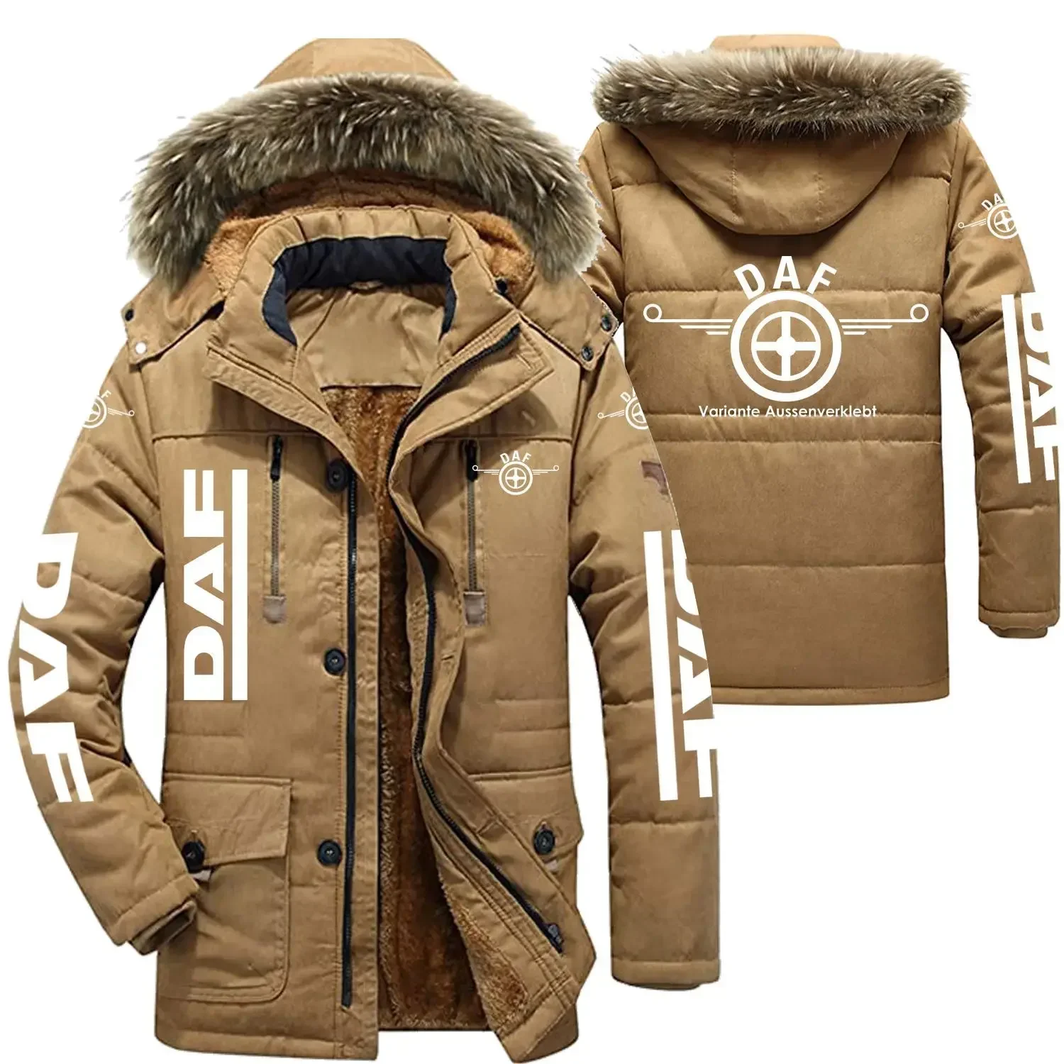 DAF Logo Men\'s Winter Cotton Jackets Hooded Parkas Lamb Fur Lining Plush Men Cold Thickening Fashion Motorcycle Jacket