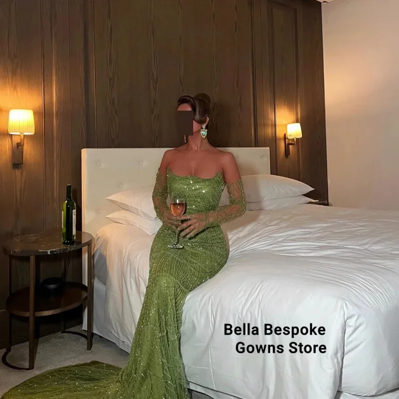 دبي فستان الزفاف حورية البحر الأخضر الترتر بدون حمالات قفازات فساتين السهرة طول الأرض فساتين السهرة حسب الطلب 2025