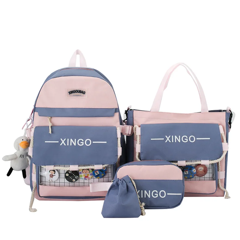 

TRAVEASY 2023 Fashion Oxford Large Capacity Backpack for Girls Water Repellent 4PCS Cartoon Pendant Children's School Bags