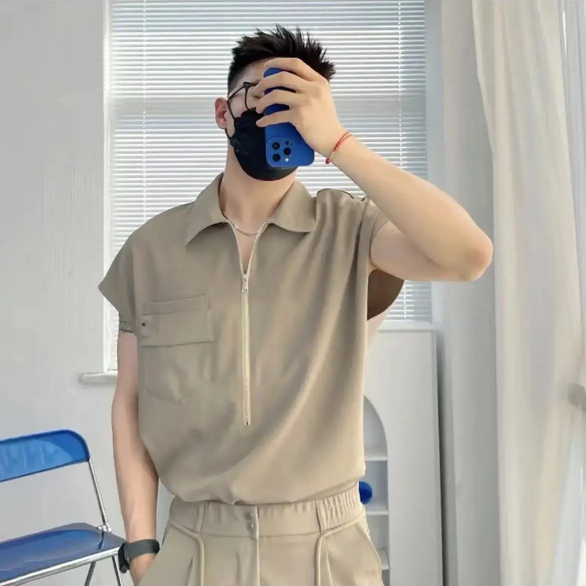 

Men's Ice Silk Sleeveless Vest Shirt Zipper Loose Fit Cool Style 2026 Summer New Arrival Set