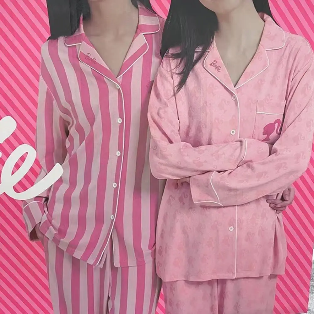 Conjunto de pijama Barbie para mujer, ropa de dormir rosa de dibujos animados para primavera y otoño, ropa de casa para niñas, pantalones de manga larga dulces a rayas de lujo ligeros