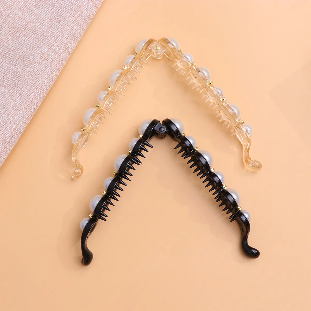 

2Pcs Hair Clip Banana Shape Pearl Decor Vertical Clip Ponytail Holder Secure Hair Styling Daily Use Ponytail Holder