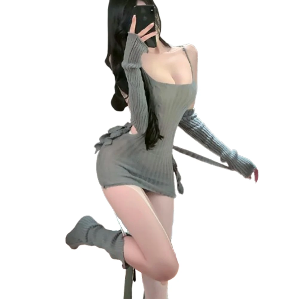 

Seductive Japanese Pure Desire Knit Dress, Backless Strap Bodycon Mini Dress with Arm Warmers & Socks Elegant Intimate Nightwear