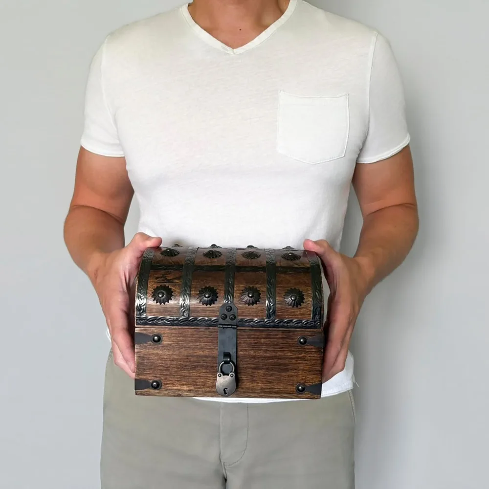 صندوق الكنز الخشبي الكبير ذو الطابع القراصنة مع قفل ومفتاح على الطراز العتيق، صندوق تخزين مزخرف للمقتنيات #2