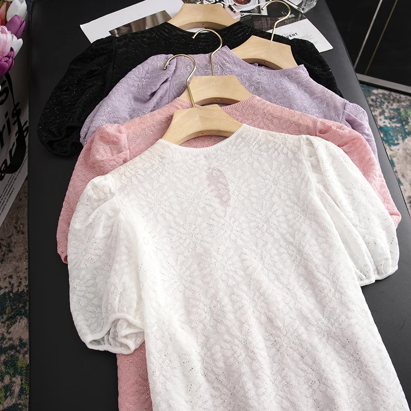 

Lace Hollow out Thin Knitted Shirt White Floral Embroidery Elegant Women's Top Commute Style Regular Fit Short Sleeve