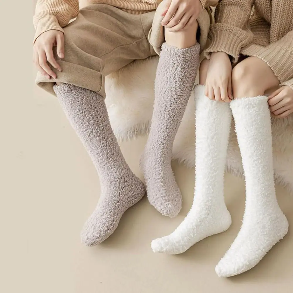 

3Pairs Creative Simple Coral Fleece Socks Sleeping Winter Floor Plush Socks Comfortable Hosiery Knee High Stockings Winter