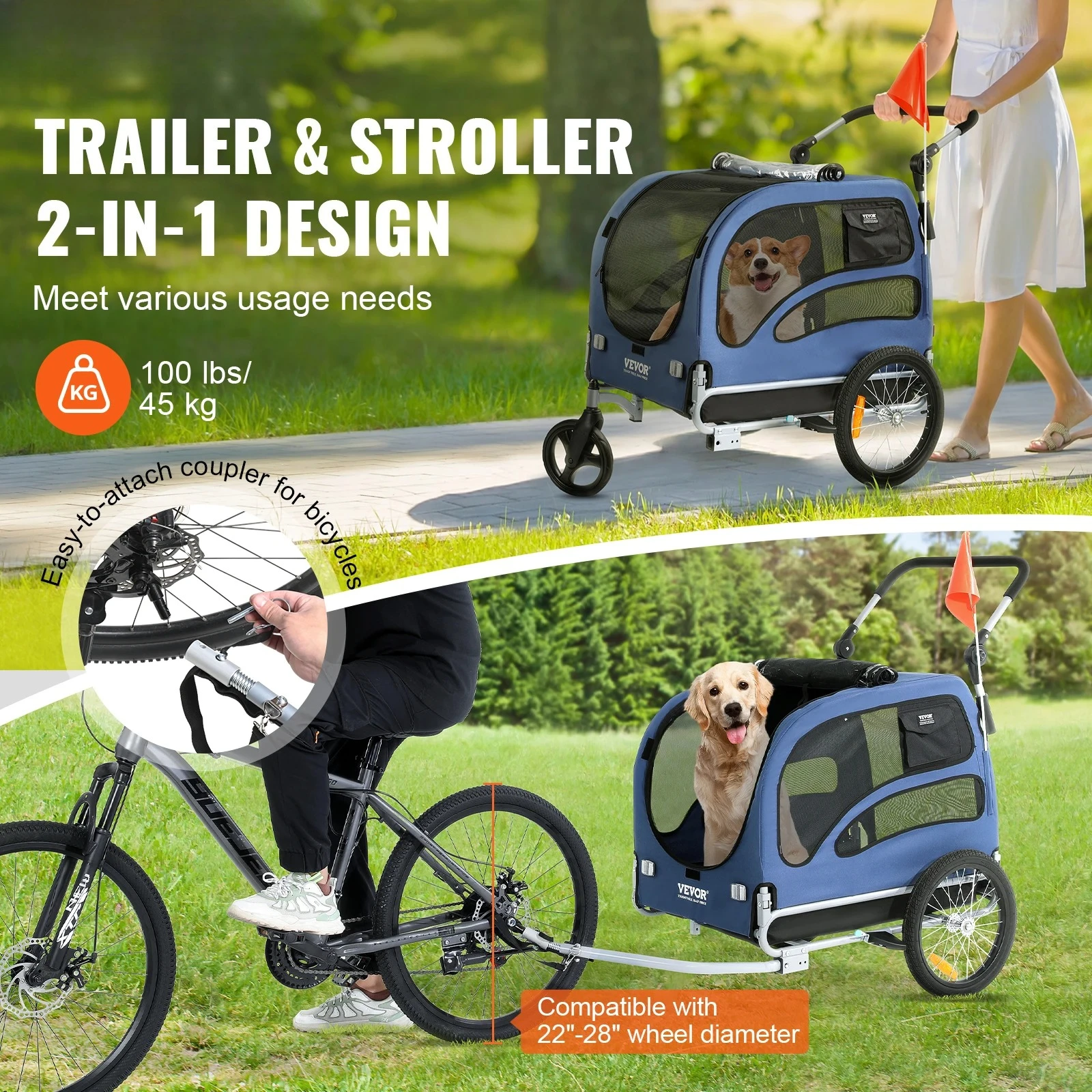 SucceBuy 100 lbs Dog Bike Trailer 2-in-1 Pet Stroller Cart Bicycle Carrier with Wheels Coupler Reflectors Flag for Dogs Travel
