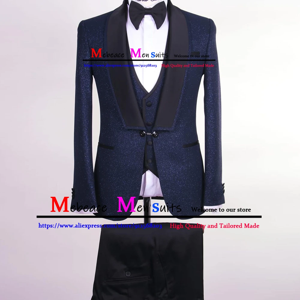 Slim Fit Men Suit Set Glitter Jacket+Vest+Pants 3 Piece Groom Suit Tuxedo Navy Shiny Wedding Suits for Men Costume Homme Mariage