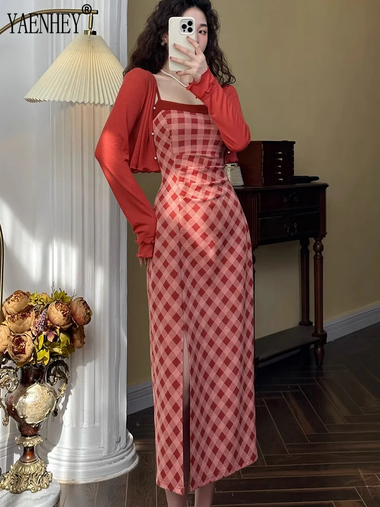 Red Long Sleeves Cardigan Coat and Plaid Midi Slip Dress Women Suit Party Prom Office Lady Two Piece Sets Womens Outifits Autumn