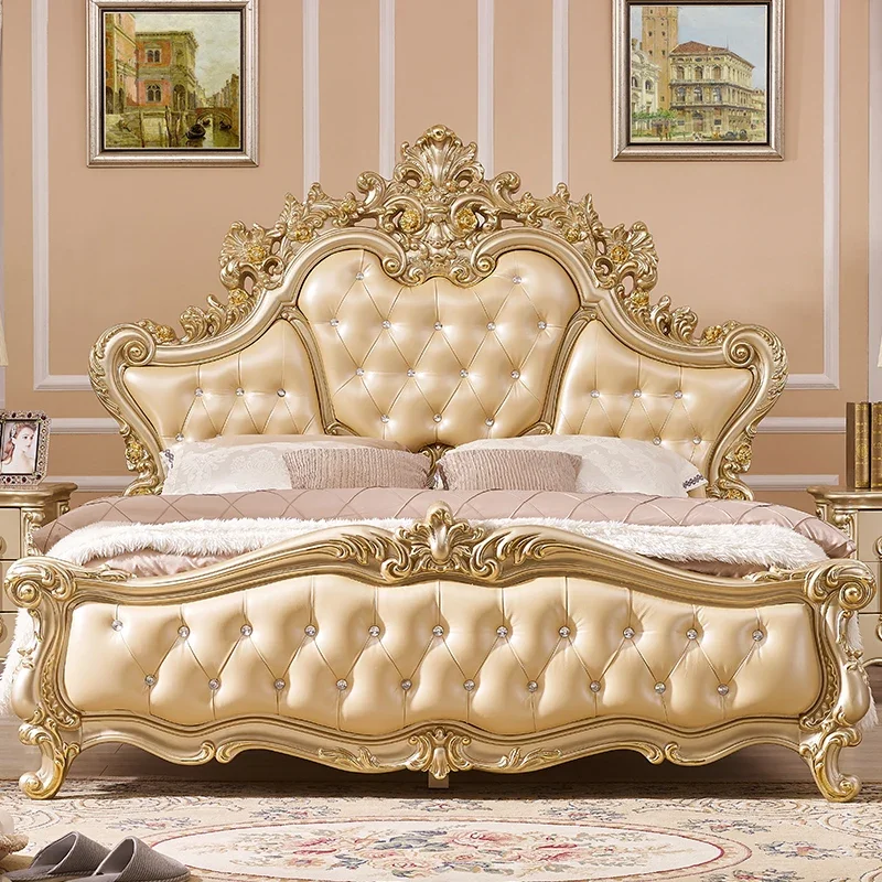 

Leather Gold Wood Double Bed Elegant European Matrimonial Luxury Villa Beds Queen Storage Modern Cama De Casal Bedroom Furniture