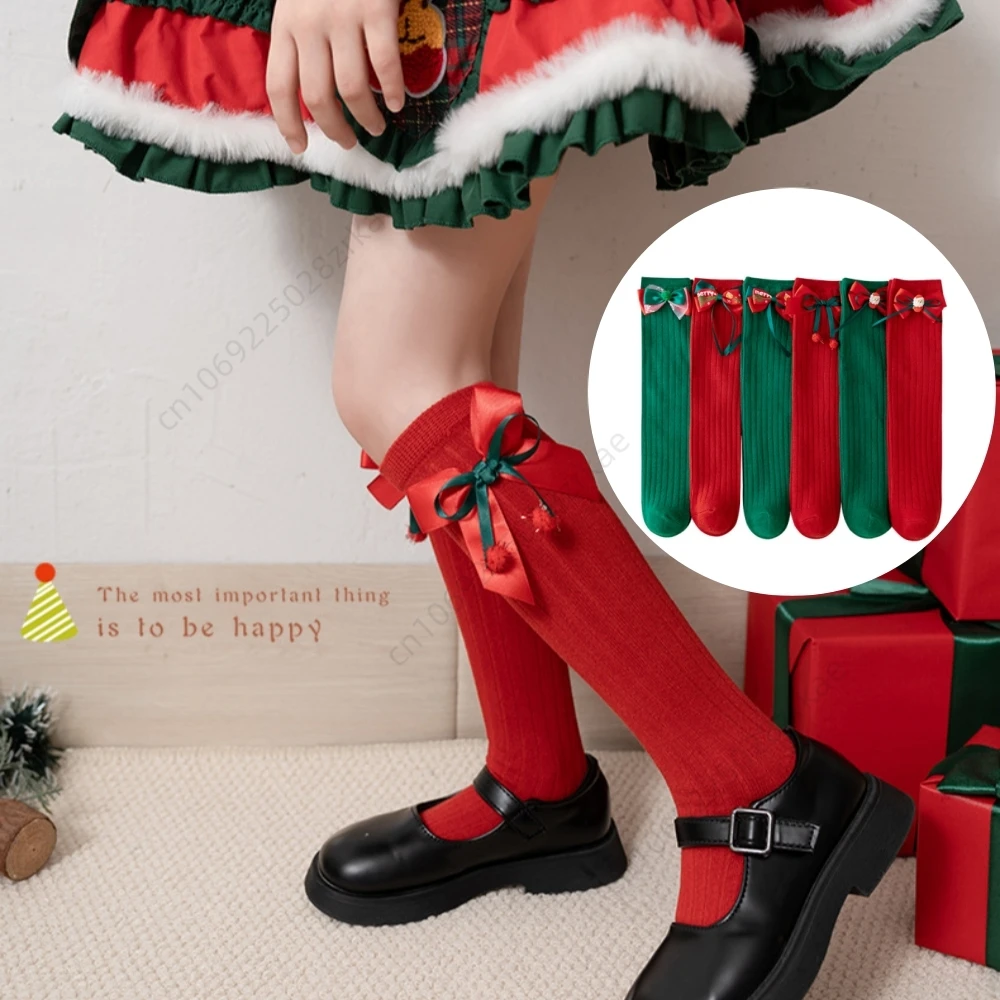 Baby Girls Christmas Socks Autumn Winter Warm New Kids Cute Red Green 3D Bowknot Appliques Xmas Long Socks Fashion Children