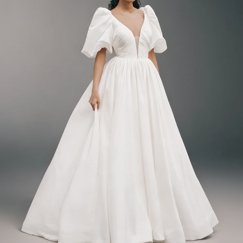 Klassieke V-hals Ruches Backless Pofmouwen A-lijn Bruid Trouwjurken Bruidsjurken Op maat