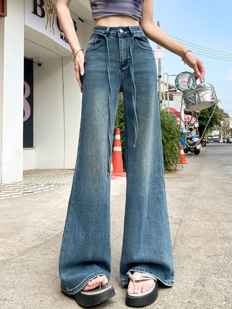 2026 Spring Autumn High Quality Stretchy Women's Jeans High Waist Drawstring Loose Casual Versatile Floor-Length Flared Pants