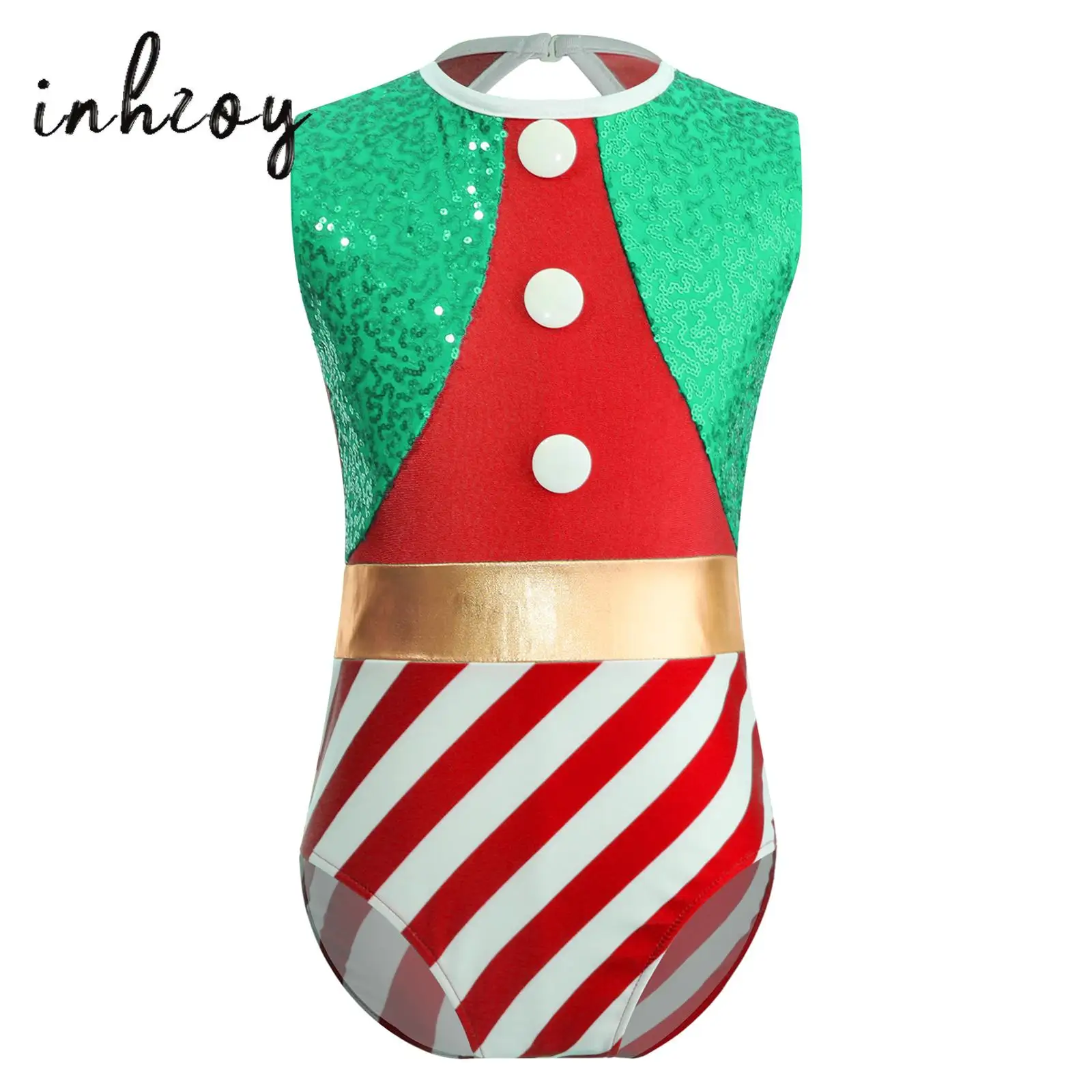 

Kids Girls Sequins Elf Christmas Dance Costume Striped Candy Cane Xmas Santa Cosplay Leotard Ballet Gymnastic Bodysuit Dancewear