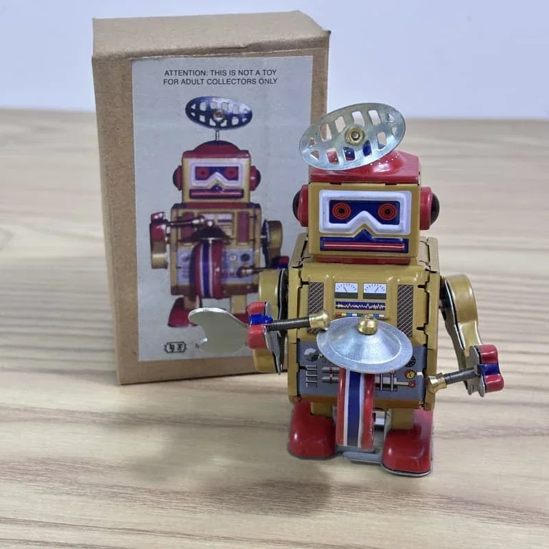 [Divertente] Collezione classica Orologio retrò Carica metallo Walking Tin Band Gioca gong drum robot richiamo Giocattolo meccanico regalo per bambini