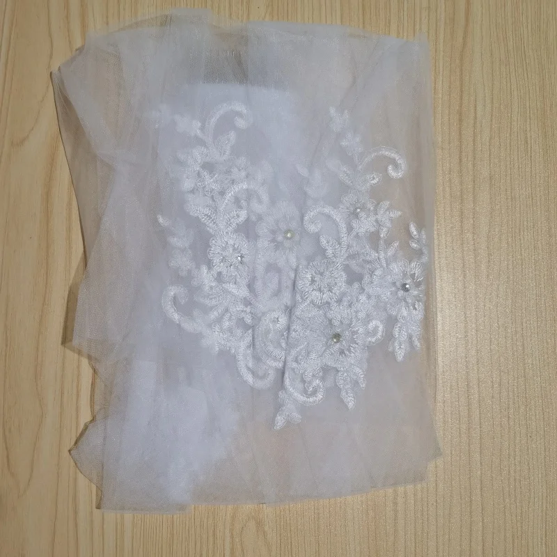 Rustic 1 Tier Elbow Length Tulle Beaded Lace Edge 90cm White Ivory Metal Comb Wedding Veil With Comb