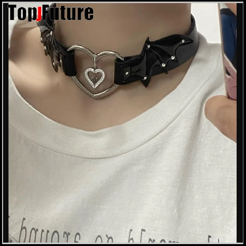 Harajuku Gothic Women Girl Sweet lolita Cosplay Bat Wing Punk Bling Short Necklace Cross Heart Maid Streetwear Leather Choker