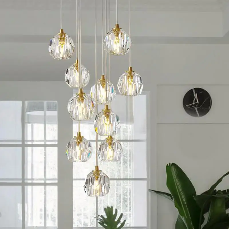 Lámpara de cristal grande con forma de diamante para escalera, lustre LED de cristal, iluminación para comedor, bar, escalera, luminaria de suspensión LED G4