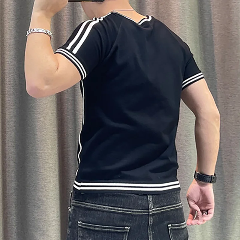 Irregular Lines Herren-Strick-T-Shirt, Sommer, Schwarz, Weiß, Kontrastfarbe, Rundhalsausschnitt, kurze Ärmel, atmungsaktives Strick-T-Shirt – Detail 14