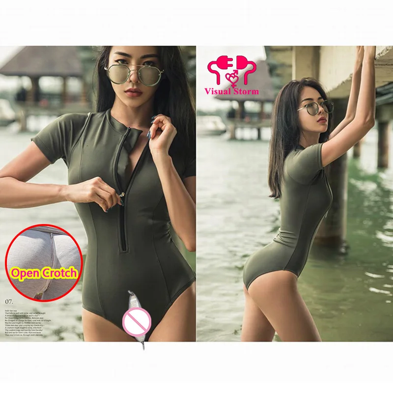 Woman Open Crotch Pants Sexy Swimwear Full Body Lingerie Bikini Double Hidden Zippers Panties Couple Outdoor Costume Waterproof