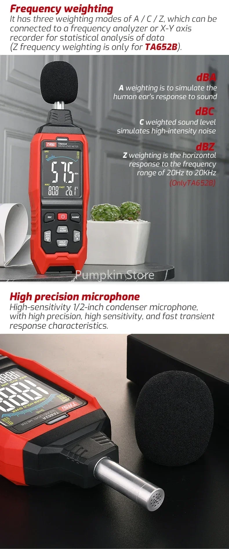 Digital sound level recorder, TA652B, 30-130dB noise meter db meter with USB data connection function