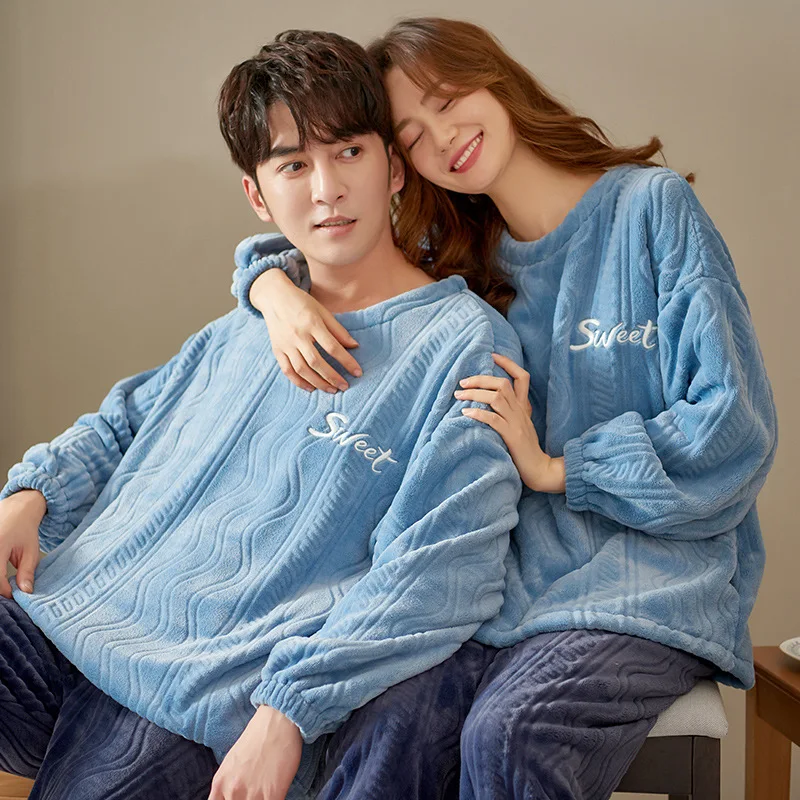 Korean Fashion Men's Flannel Sleepwear Winter Warm Women's Nightwear Coral Fleece Pjs Home Clothes Male Female Pajamas Drop ship