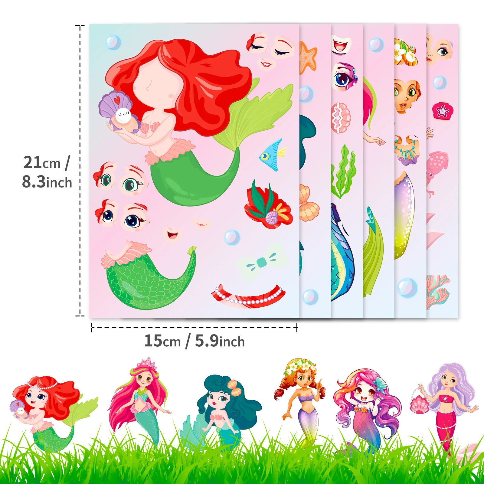 6Sheets Children DIY Puzzle Sticker Games 6 Mermaids Make A Face Funny Assemble Jigsaw Stickers Kids Educational Toys