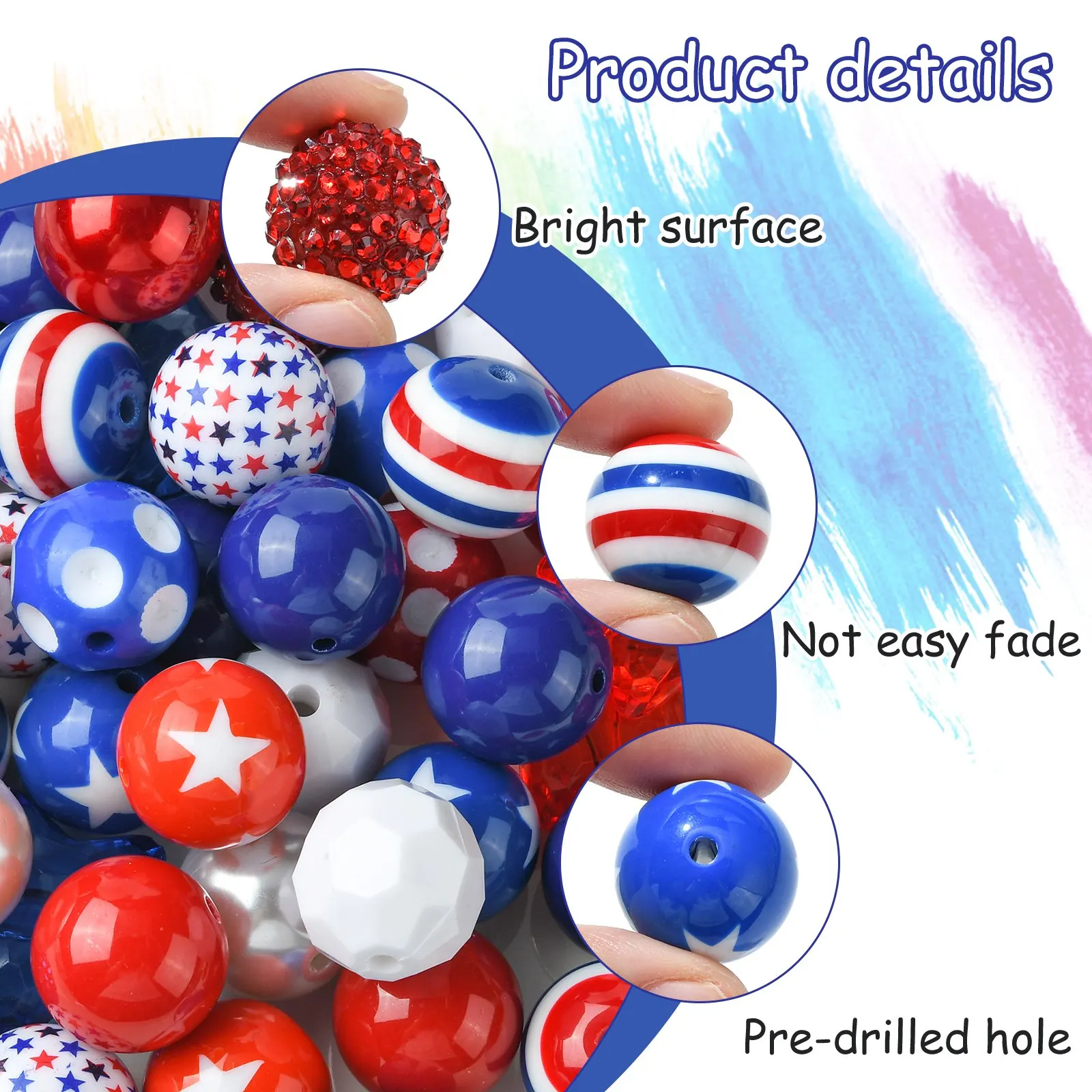 PandaHall 50 Stück Zufällige 20mm Acryl-Rundperlen Independence Day Rot Weiß Blau Abstandhalterperlen für Bastelarbeiten und Schmuckherstellung – Detail 3