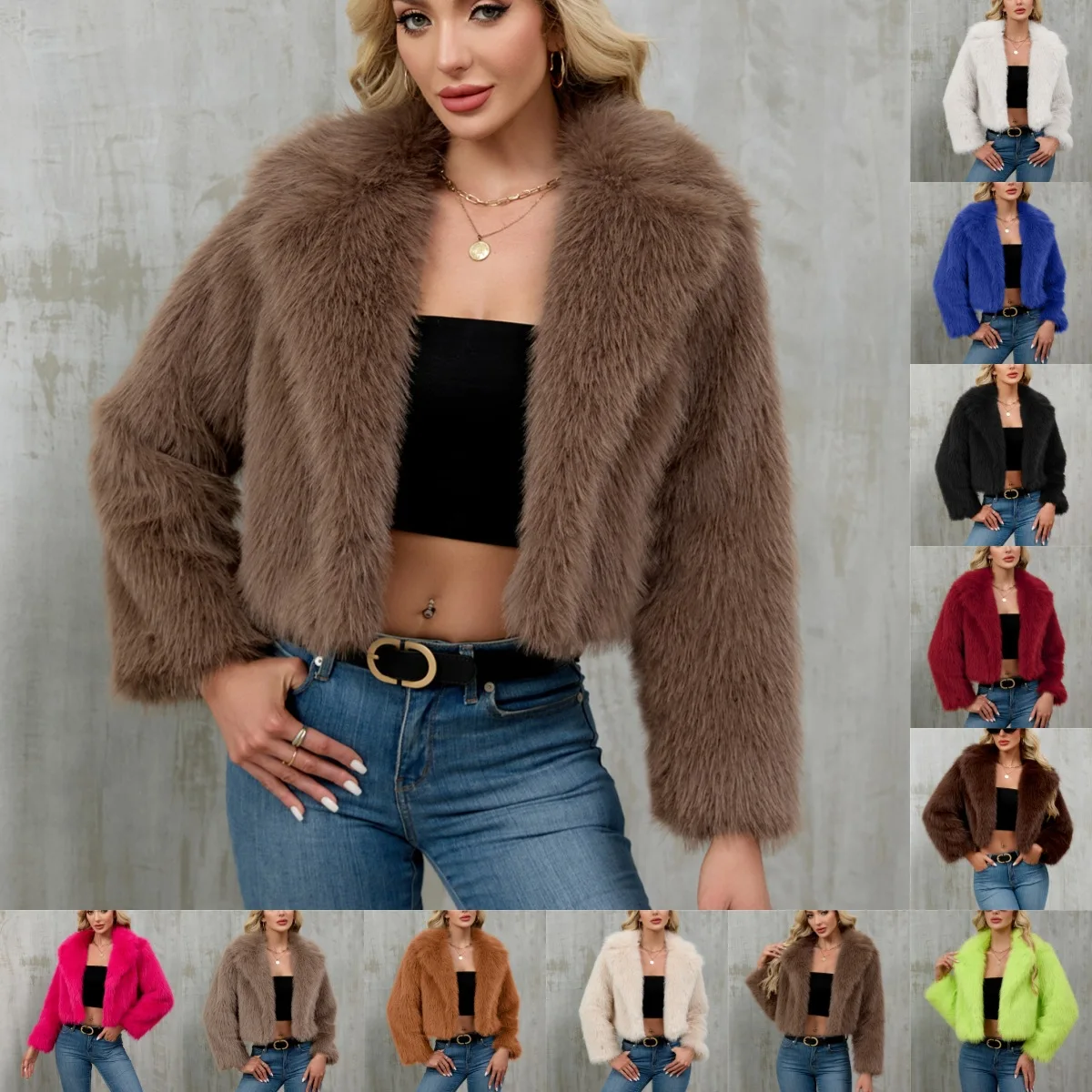 

Autumn Faux Jackets Women Long Sleeve Winter Faux Fur Short Jacket with Faux Fur Collar and Suit Collar Coats Outwear